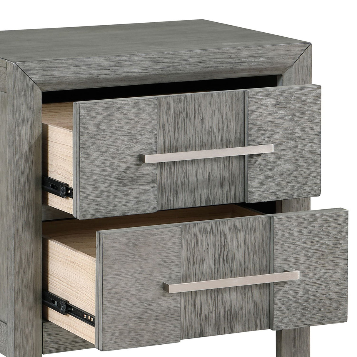Modern 2 Drawer Nightstand In Gray Finish With Silver Metal Handles, Contemporary Bedside Table With Smooth Glide Drawers