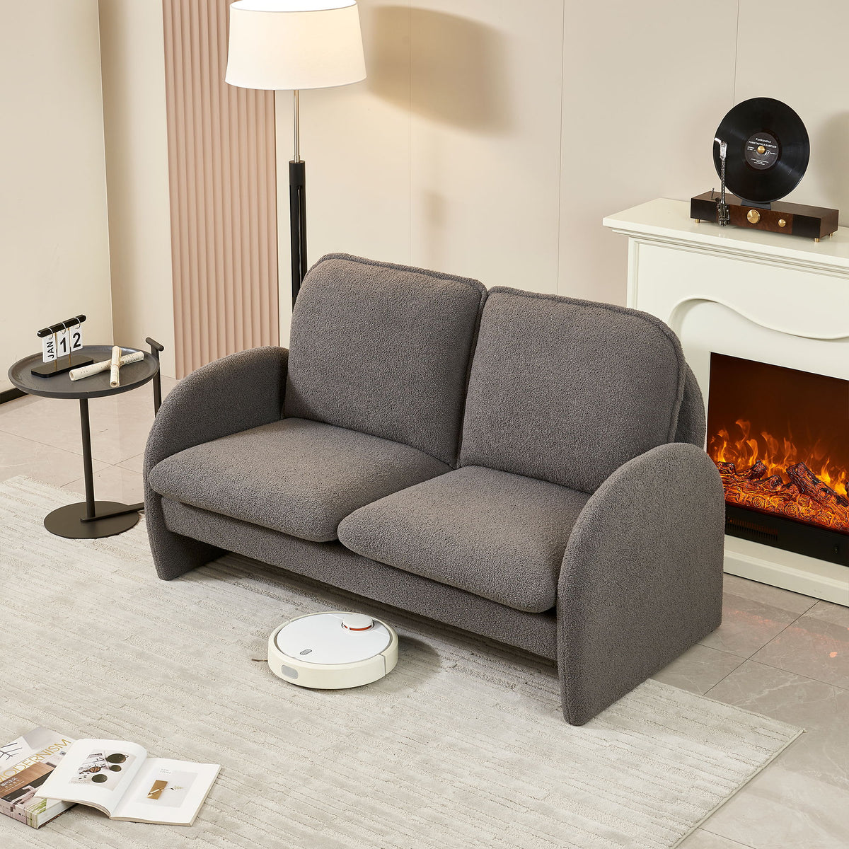 Loveseat Sofa Small Couch For Living Room, Sherpa Fabric Upholstered Loveseat Sofa Couch, Small Loveseat Sofa For Apartment, Bedroom - Gray