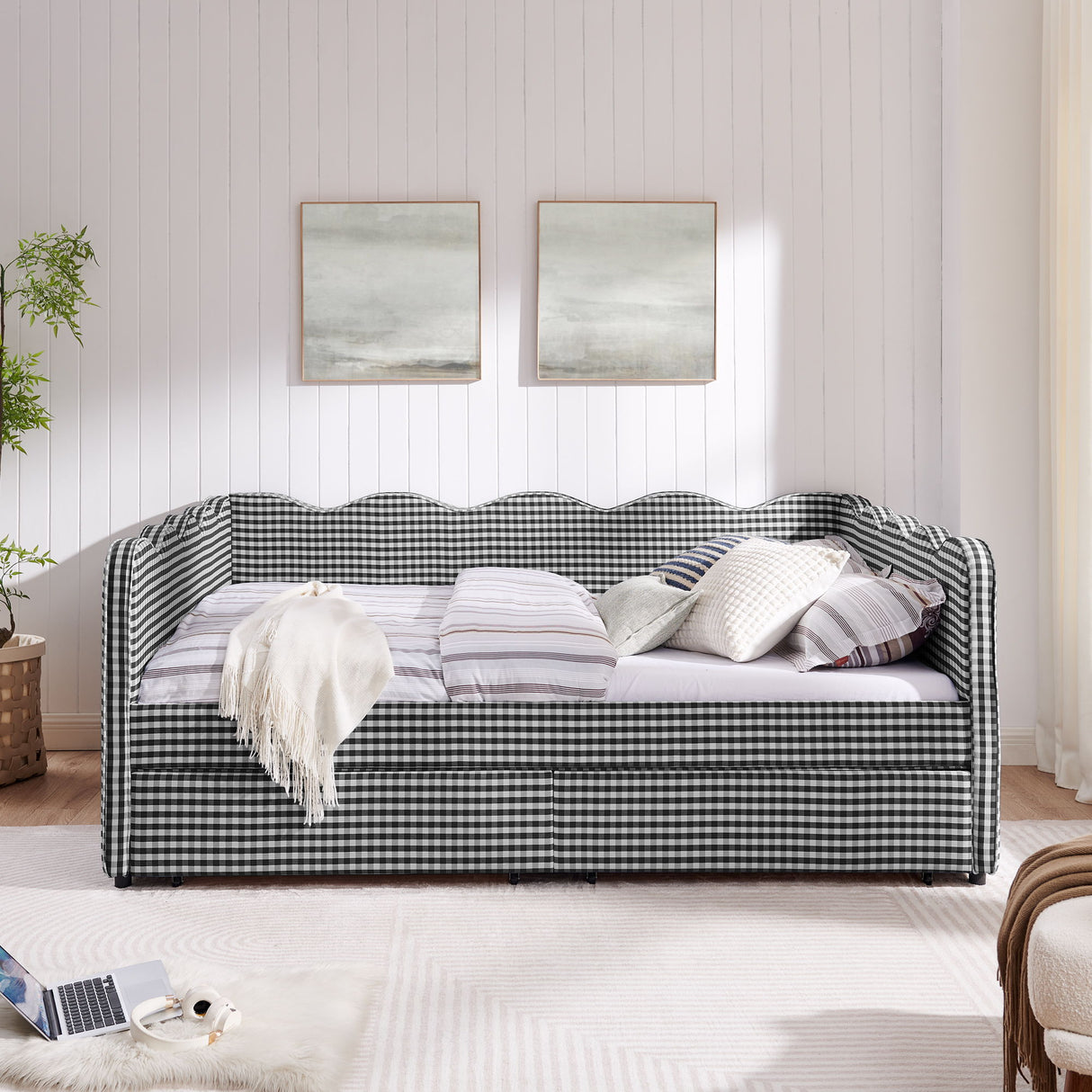 Gingham Daybed & USB Charging Port, Wave Shaped Design