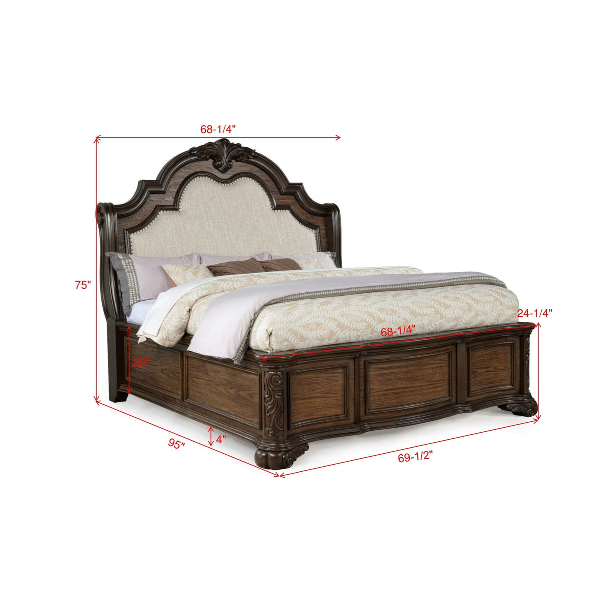 Queen Panel Bed Upholstered Headboard Tufted Nail Head Trim - Brown / Coffee