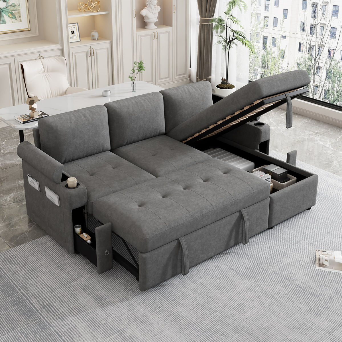 Convertible L Shaped Sofa Couch With Storage, Cup Holders, USB Ports