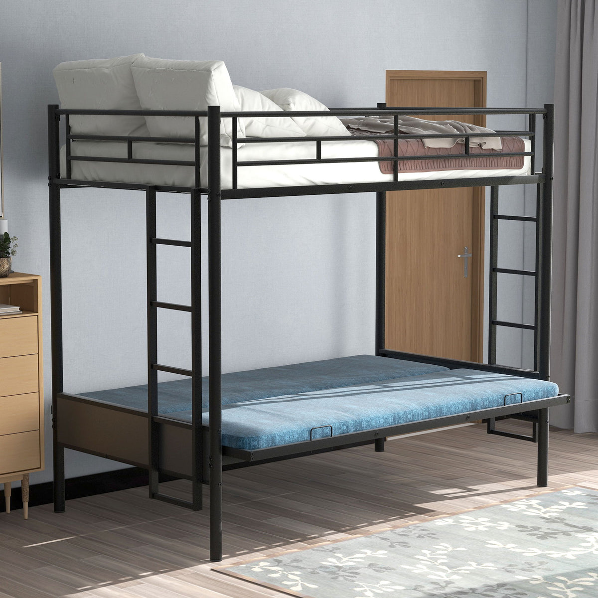 Twin Over Full Bunk Bed, Multifunction - Black
