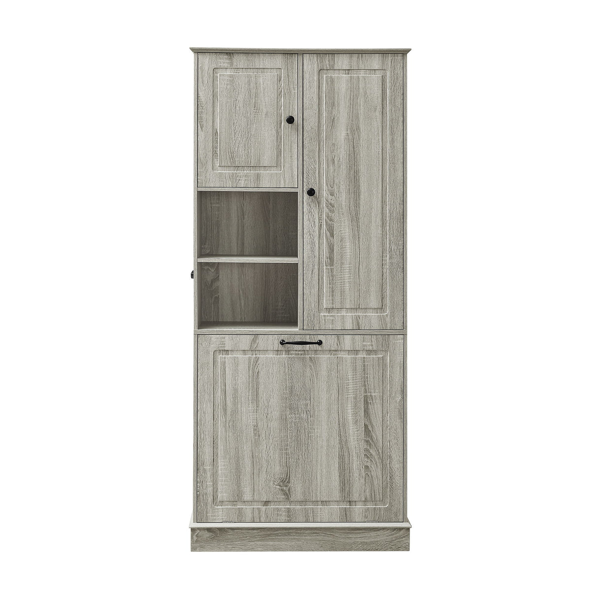 Modern Tall Storage Cabinet With Adjustable Shelves, Flip-Out Basket & Enclosed Doors