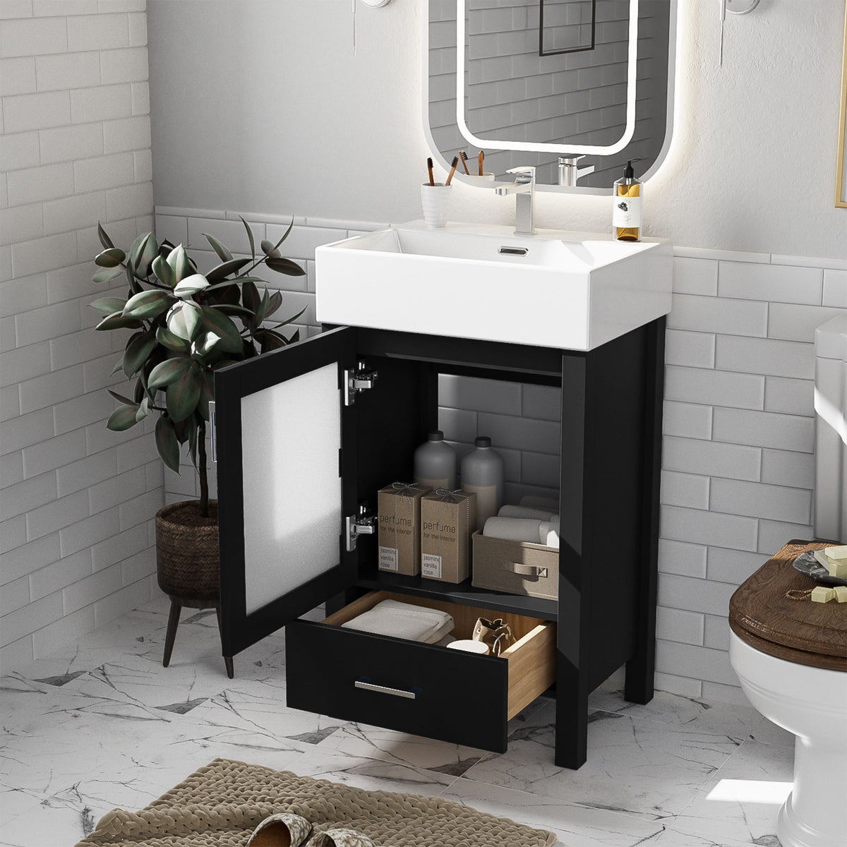 Bathroom Vanity With Ceramic Sink And Ample Storage, Ideal For Small Bathrooms