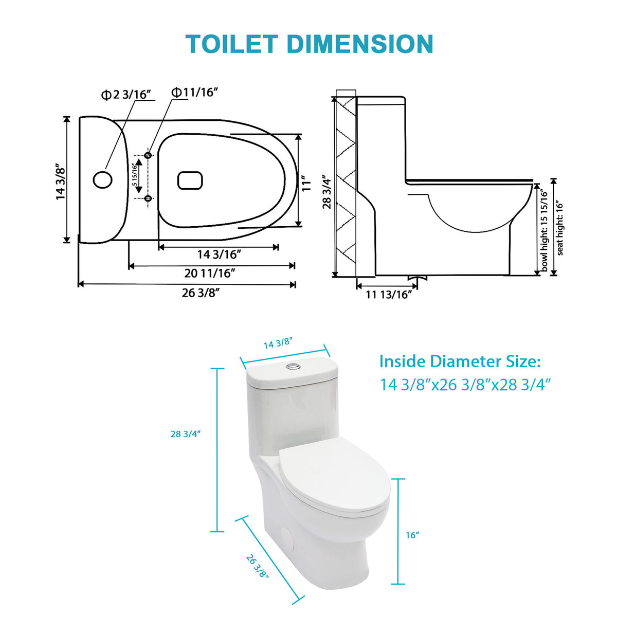 1 Piece Toilet For Bathroom, Dual Flush, Soft Closing Seat - White
