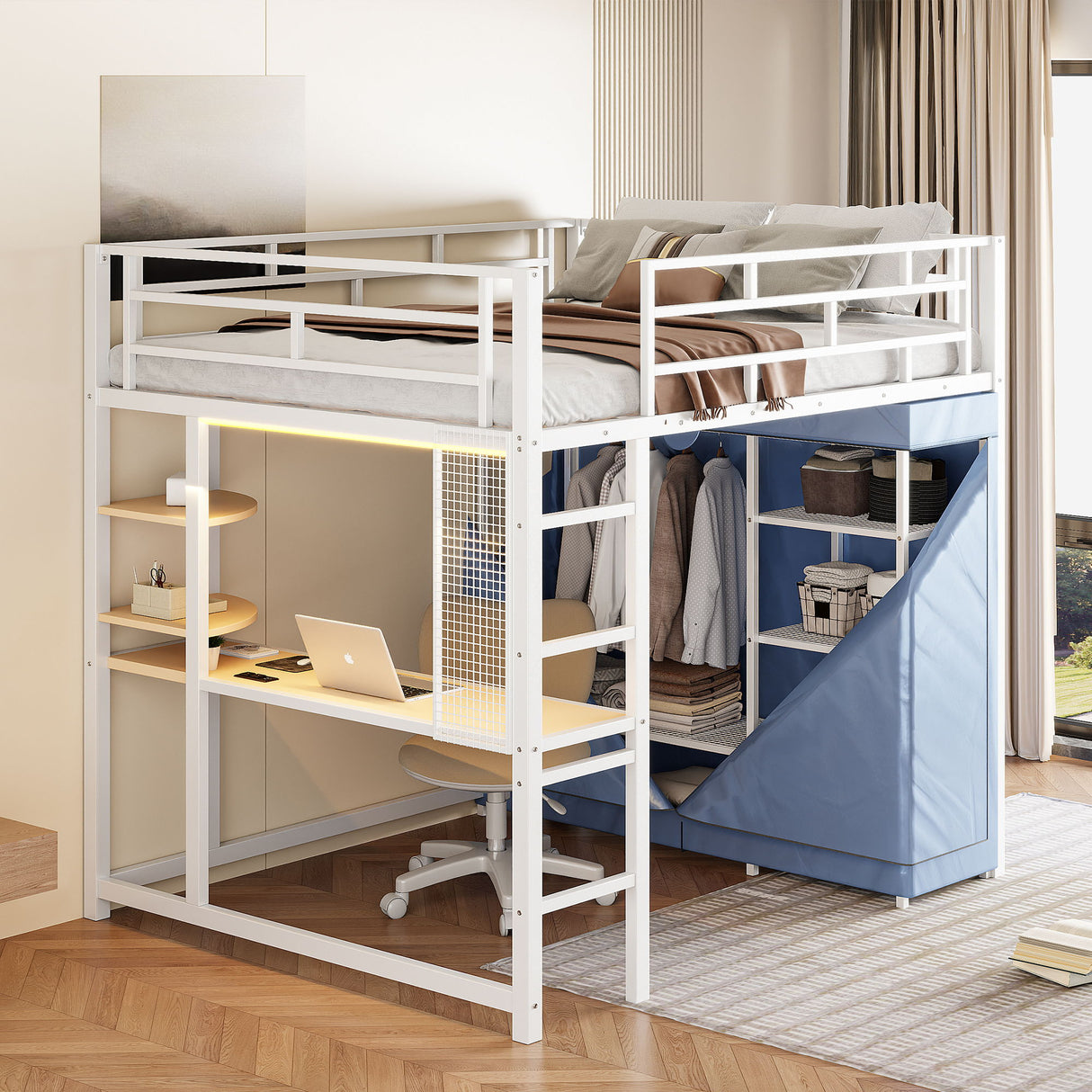 Loft Bed With Desk, Shelves, Power Outlet, LED Light And Wardrobe