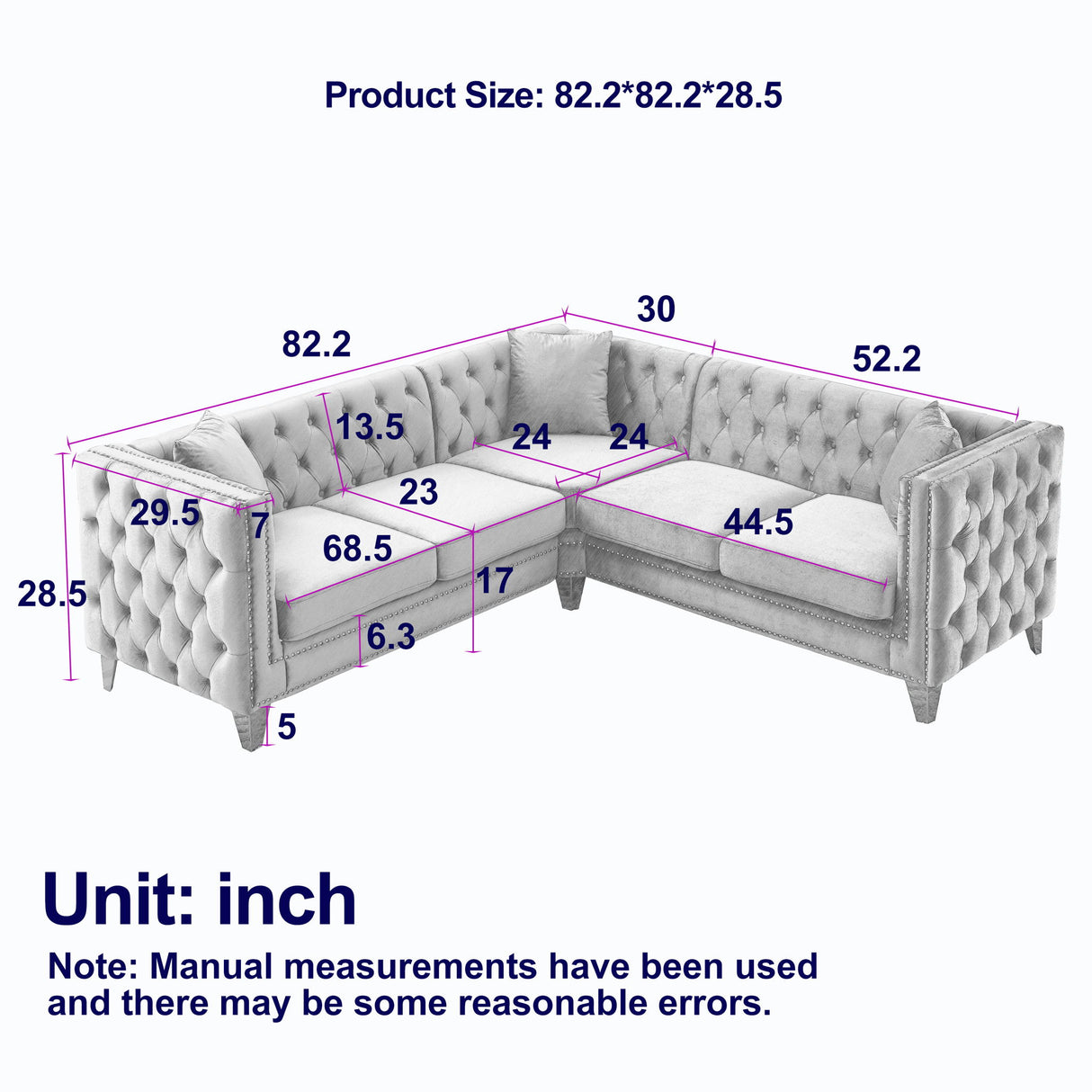 L-Shaped Corner Sofa, 5 Seater Sectional With Tufted Design