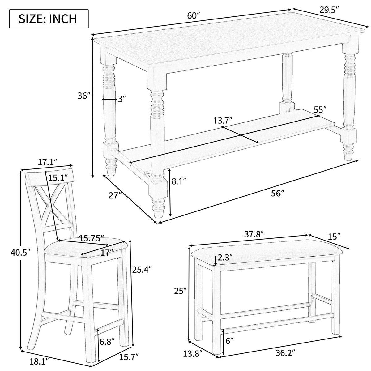 Counter Height Dining Set With Shelf, 4 Chairs And Bench