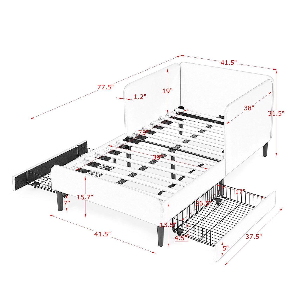Upholstered Platform Bed Frame With 2 Storage Drawers And Adjustable Sofa Bed