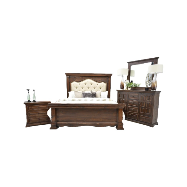 Chalet Walnut Queen Padded Bed Dresser Mirror & 4 Drawer Nightstand - CHALQWPR+CHALQWPH+CHALQWPF+3700DW+3722MW+3702N4W