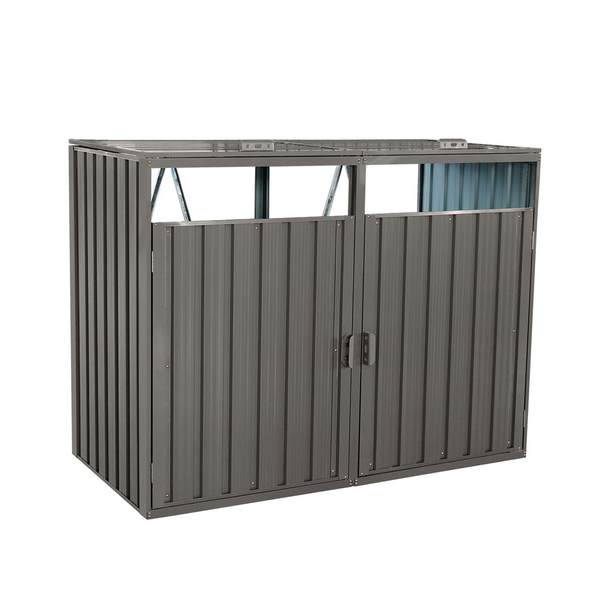 Garbage Bin Shed Stores 2 Trash Cans Metal Outdoor Bin Shed For Garbage Storage, Stainless Galvanized Steel, Bin Shed For Garden Yard Lawn