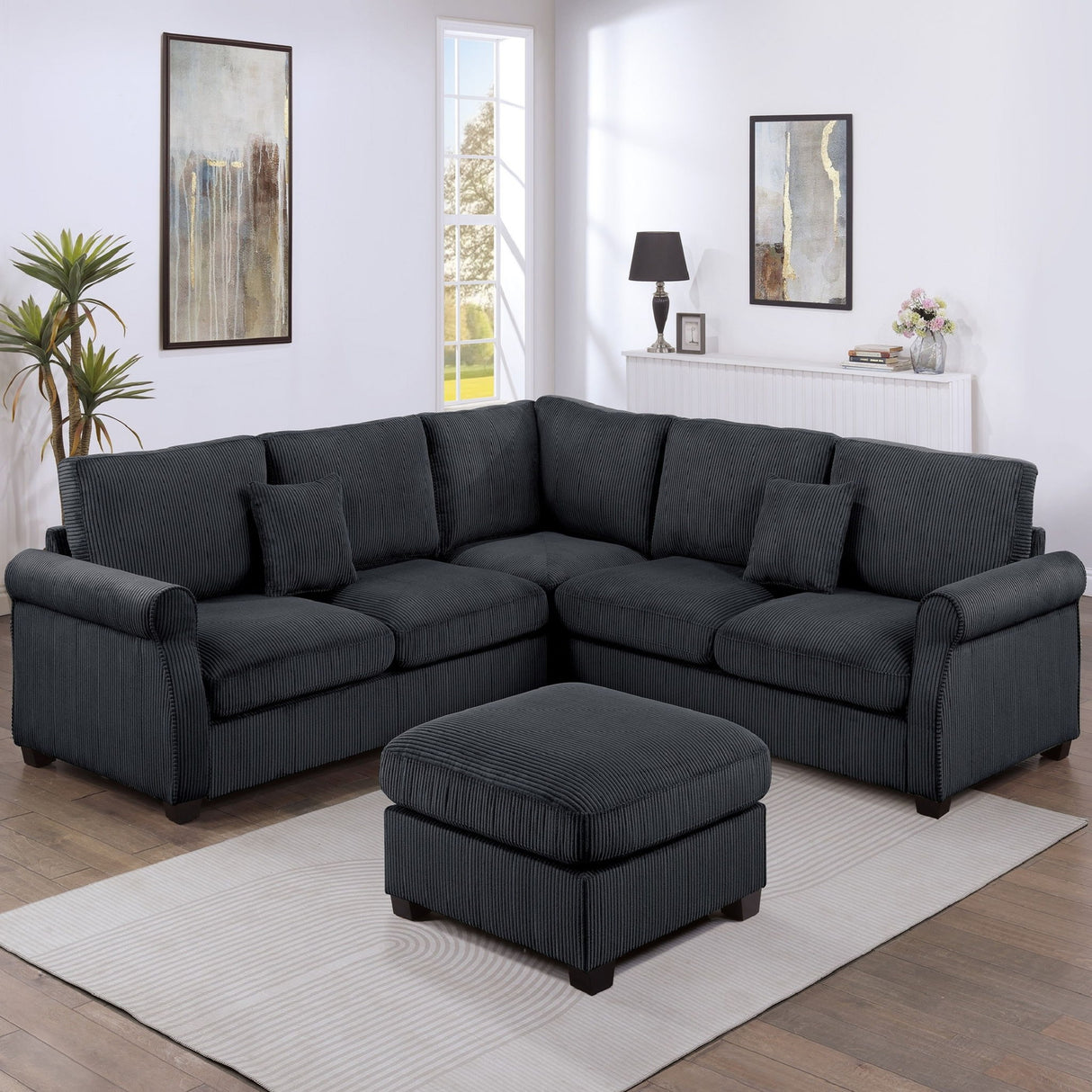 Modern Sectional Set With Corner Wedge, Loveseat, Ottoman & 2 Pillows
