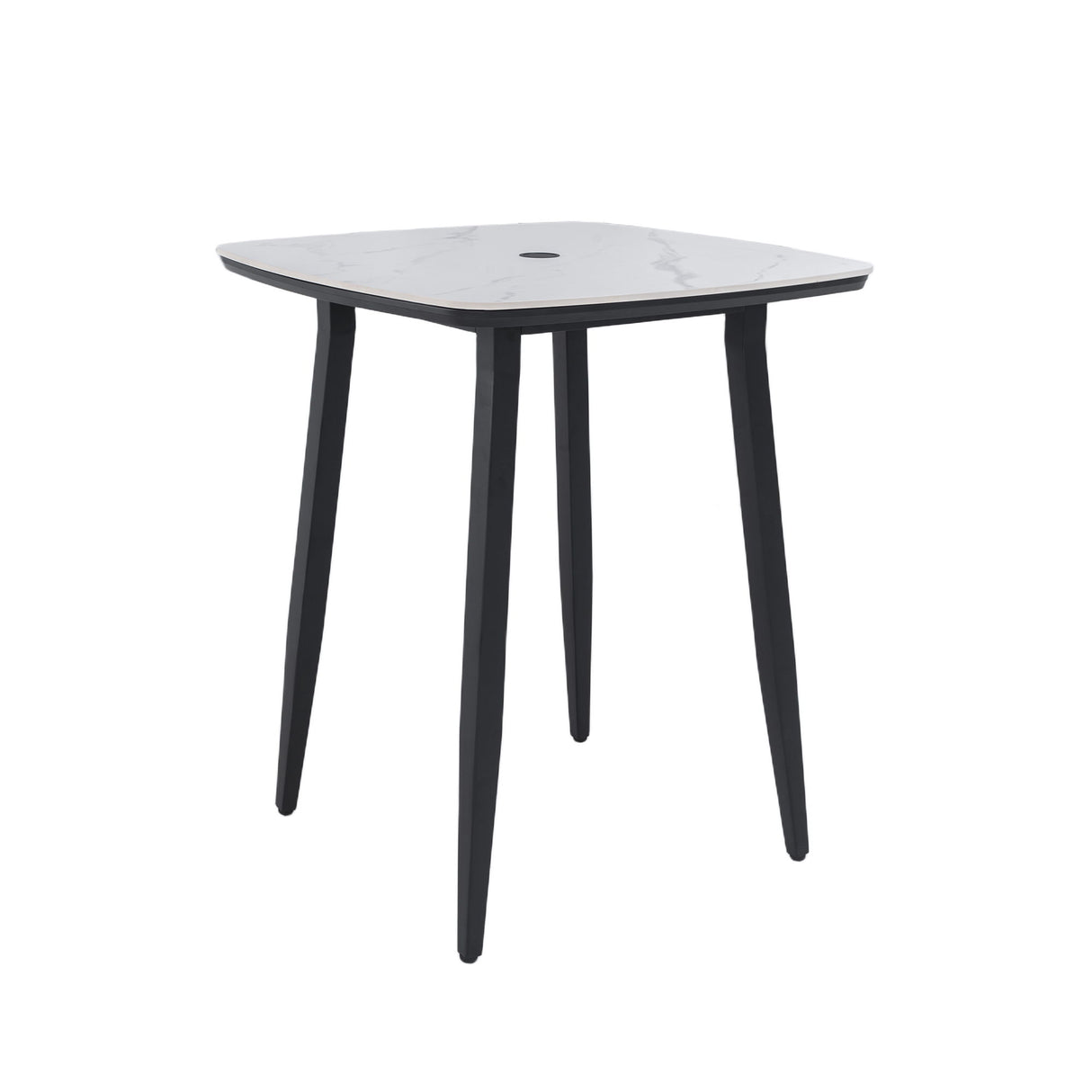 Outdoor Bar Table, Rounded Square Sintered Stone Top With Umbrella Hole, Rust Free Frame, Weatherproof - Ember Black / White