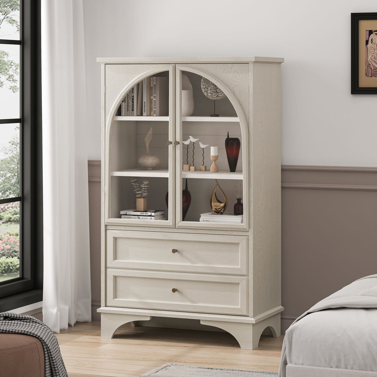 Glass Door Display Case With 2 Drawers And Adjustable Shelf
