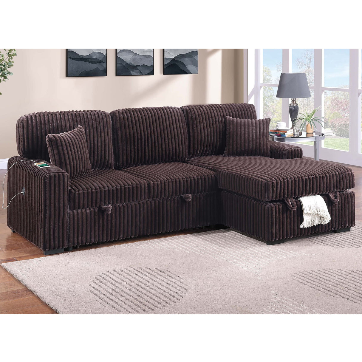 Convertible Sectional Upholstered Sleeper Sofa With Storage Chaise