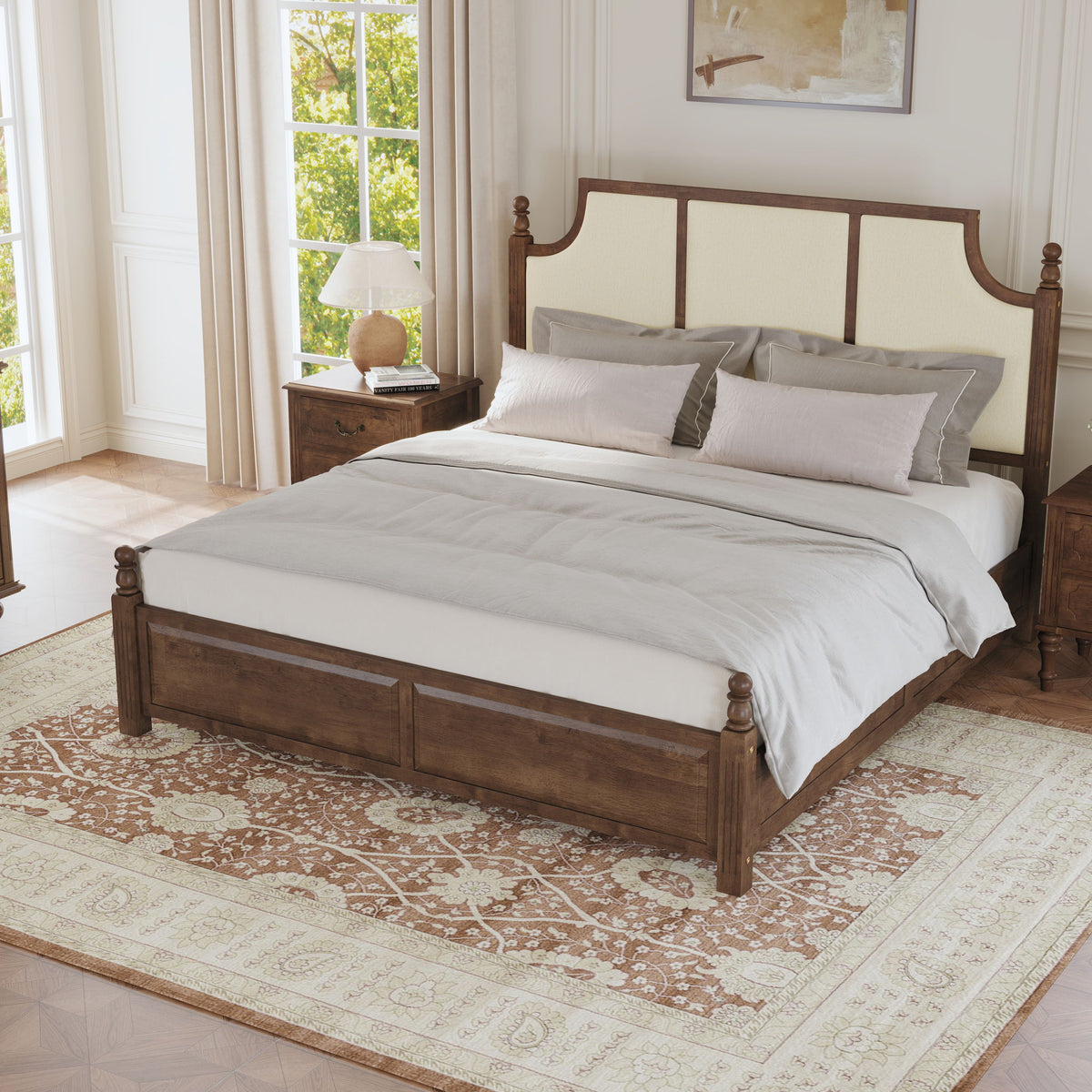 Farmhouse Platform Bed Frame & Tall Upholstered Headboard
