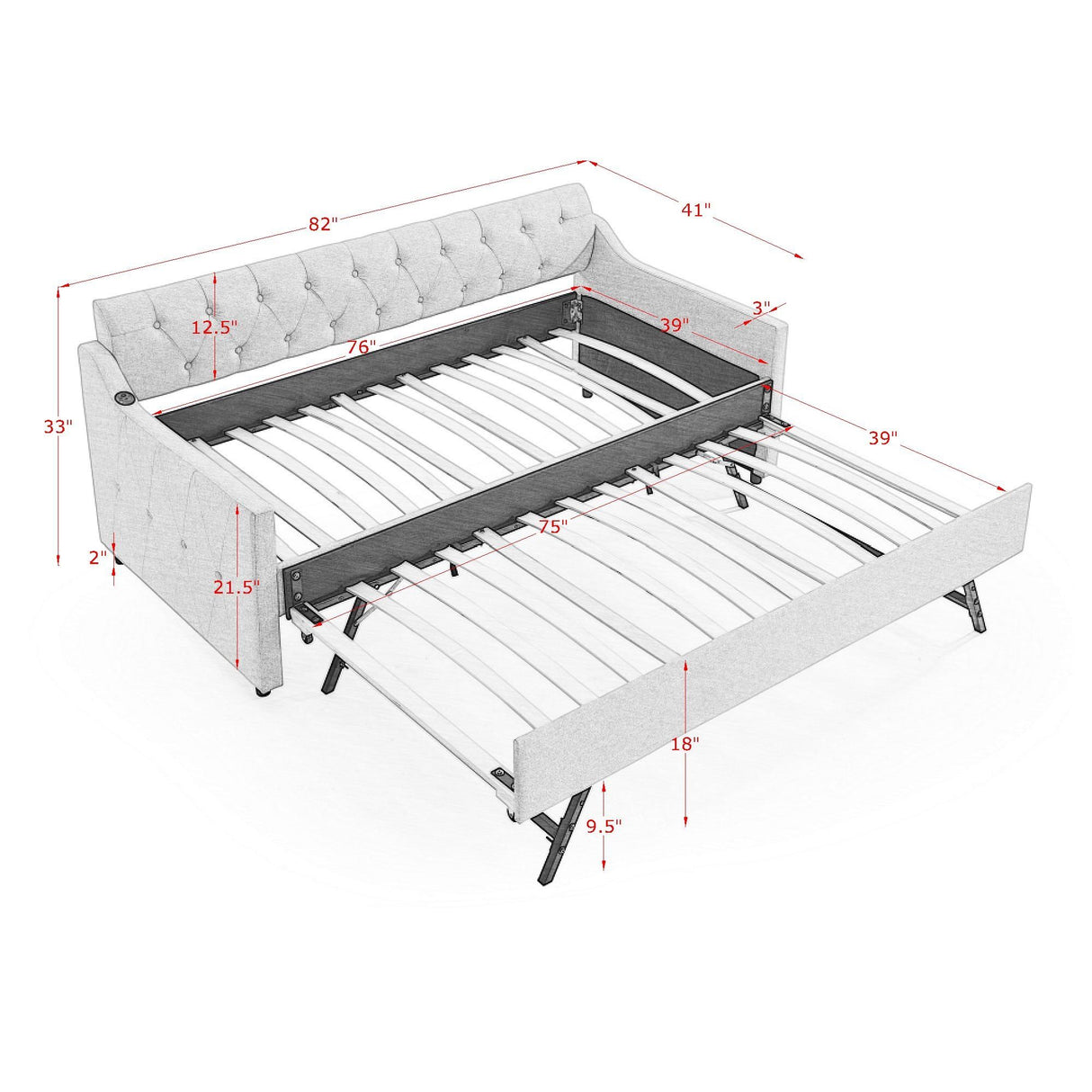 Size Upholstered Daybed With Trundle And USB Charging Armrest