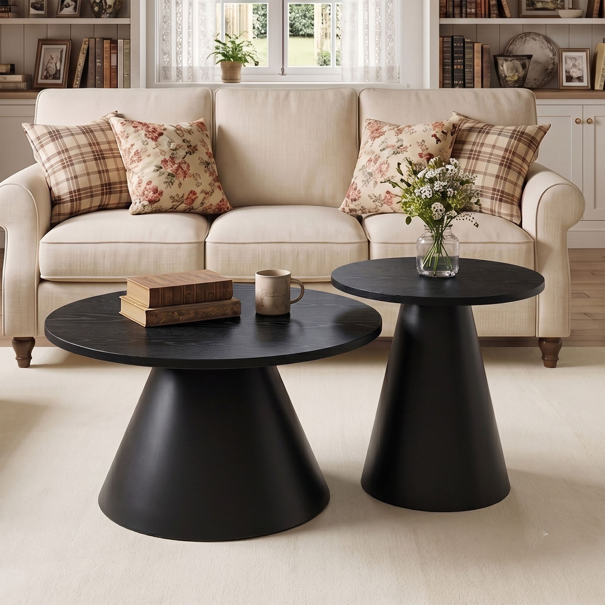 Nesting Coffee Table, Adjustable Foot Pads For Living Room (Set of 2) - Black