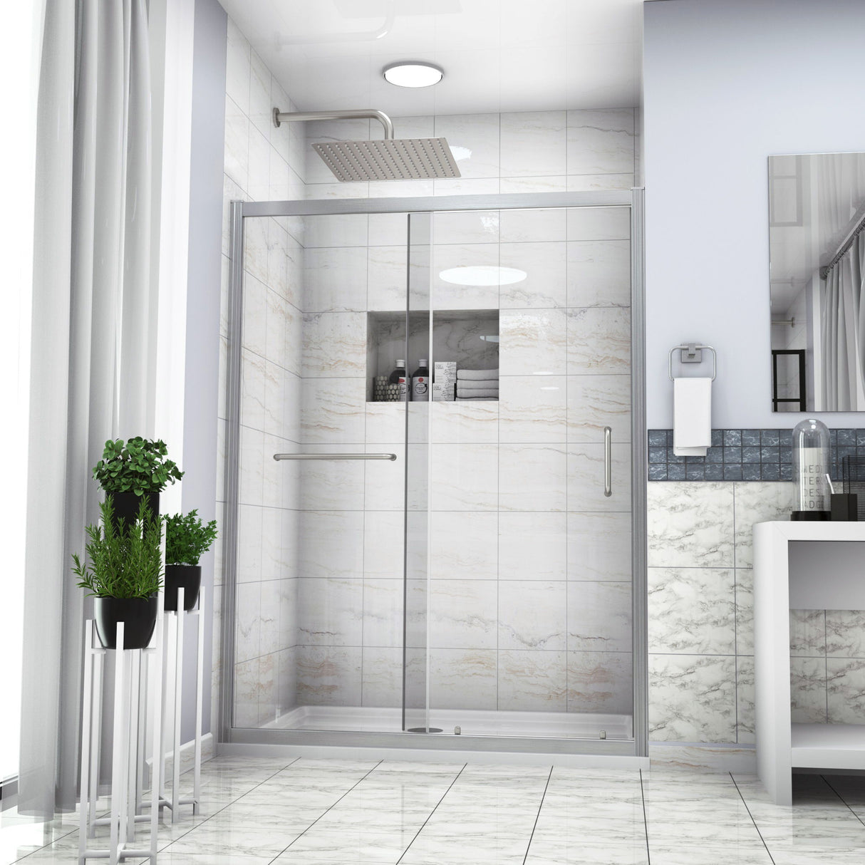 Single Sliding Bypass Shower Enclosure With Tempered Glass And - Brushed Silver