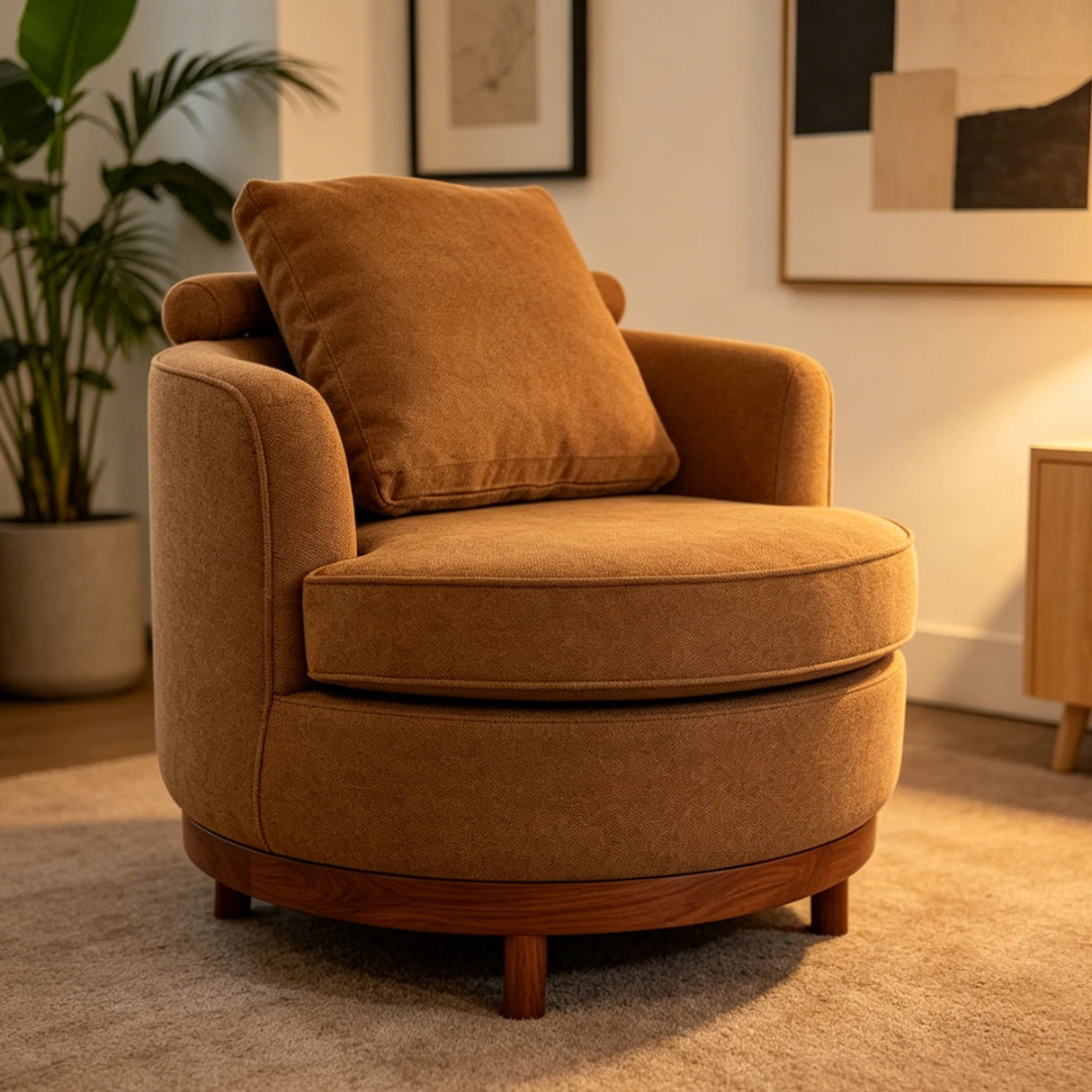 Rotatable Round Barrel Accent Chair With Adjustable Headrest - Orange / Dark Brown