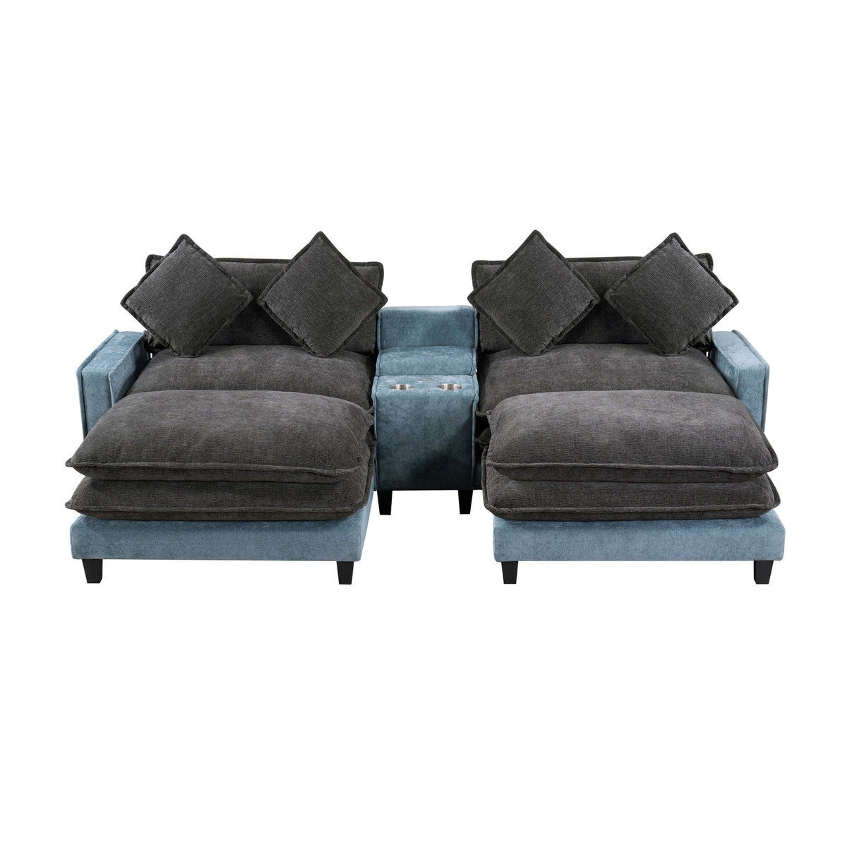 Sectional Sofa With Removable Ottomans, USB Ports, Cup Holders & Storage - Gray / Light Blue