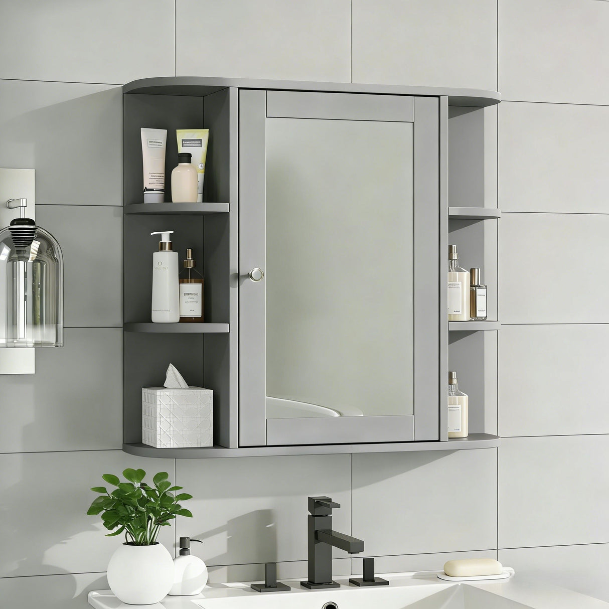 Bathroom Wall Storage Cabinet With Mirror And Adjustable Shelf, 6 Open Shelves