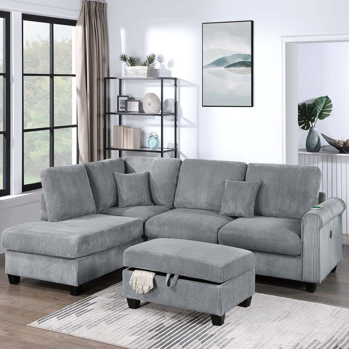 Contemporary Sectional Set With Right Arm Chaise, Left Arm Sofa With USB Port, Storage Ottoman