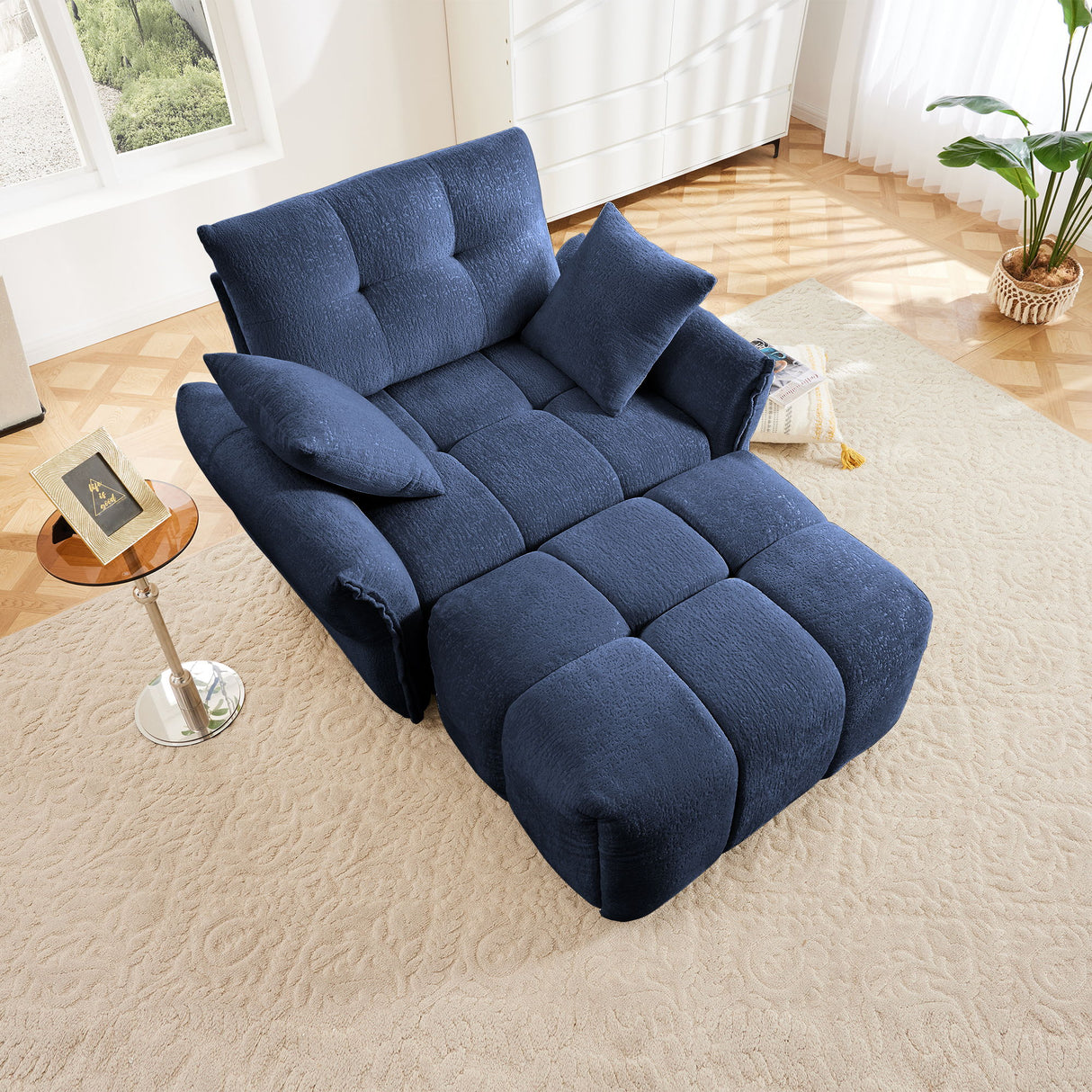 Modern Ergonomic Single Seater Sofa With Ottoman, High Resilience Support - Blue