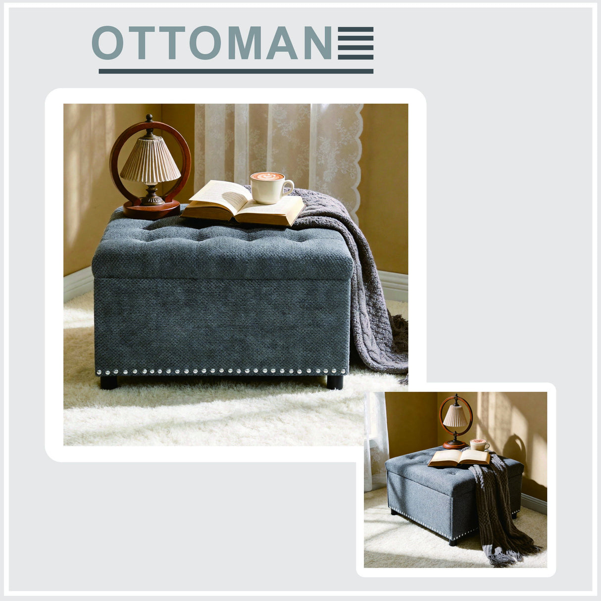 Square Tufted Storage Ottoman With Nailhead Trim