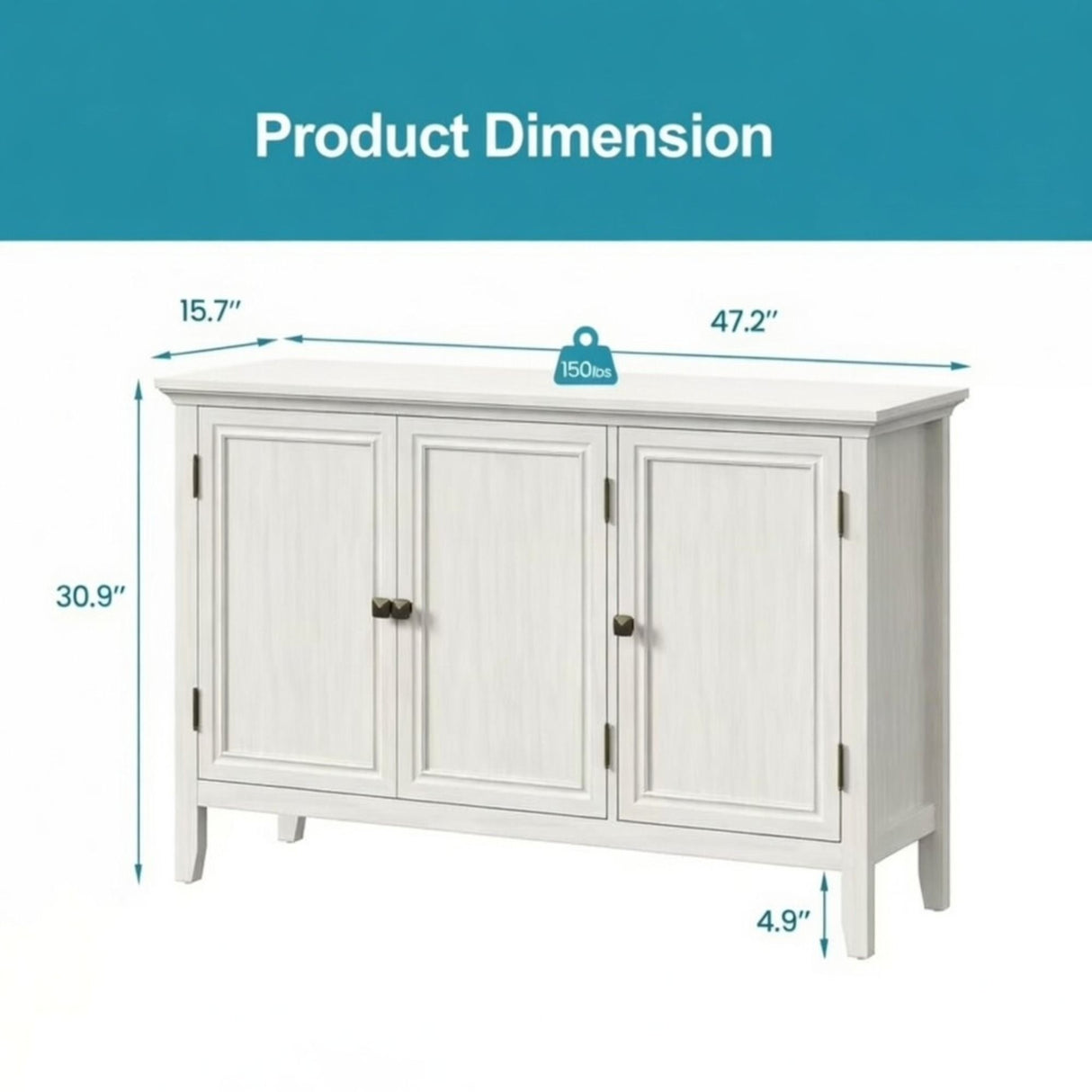 3 Door Buffet Cabinet With Adjustable Shelves - Matte White / Grayish