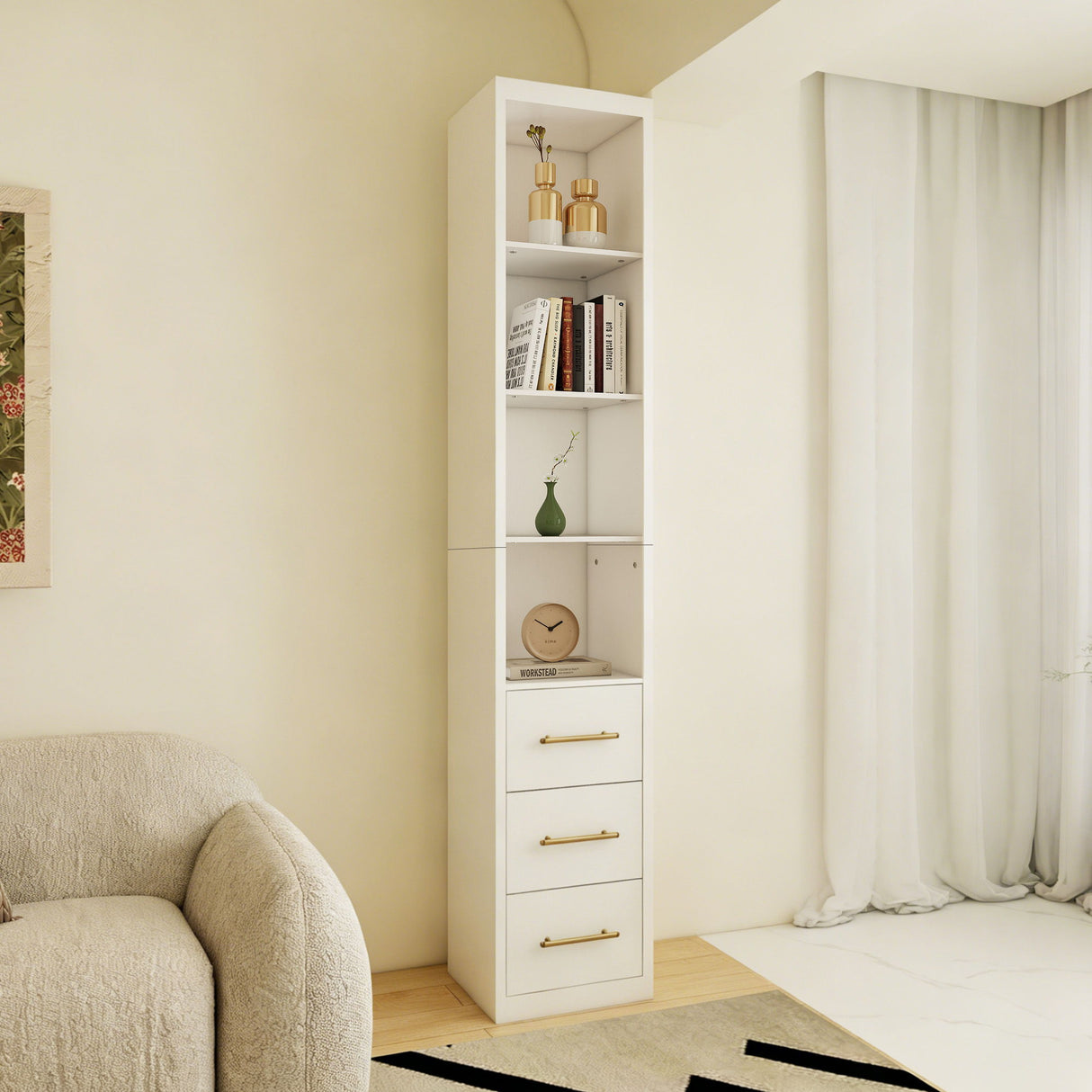 Rectangular Side Storage Cabinet With 3 Drawers For Bedroom - White