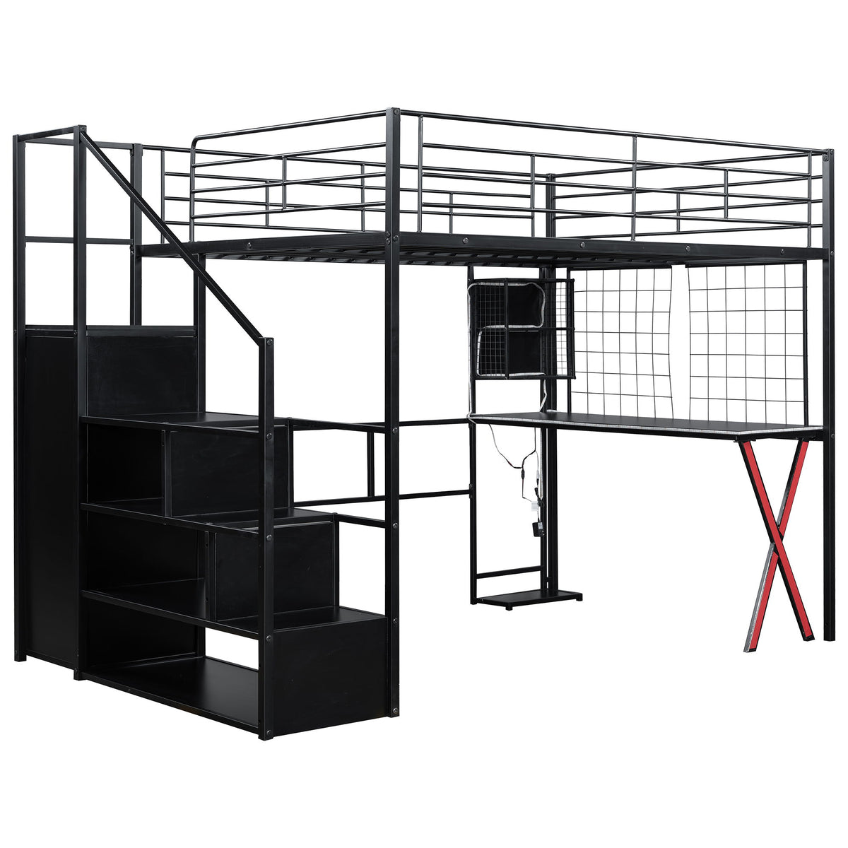 Loft Bed With Built In Work Station, Wardrobe, Storage Staircase And LED