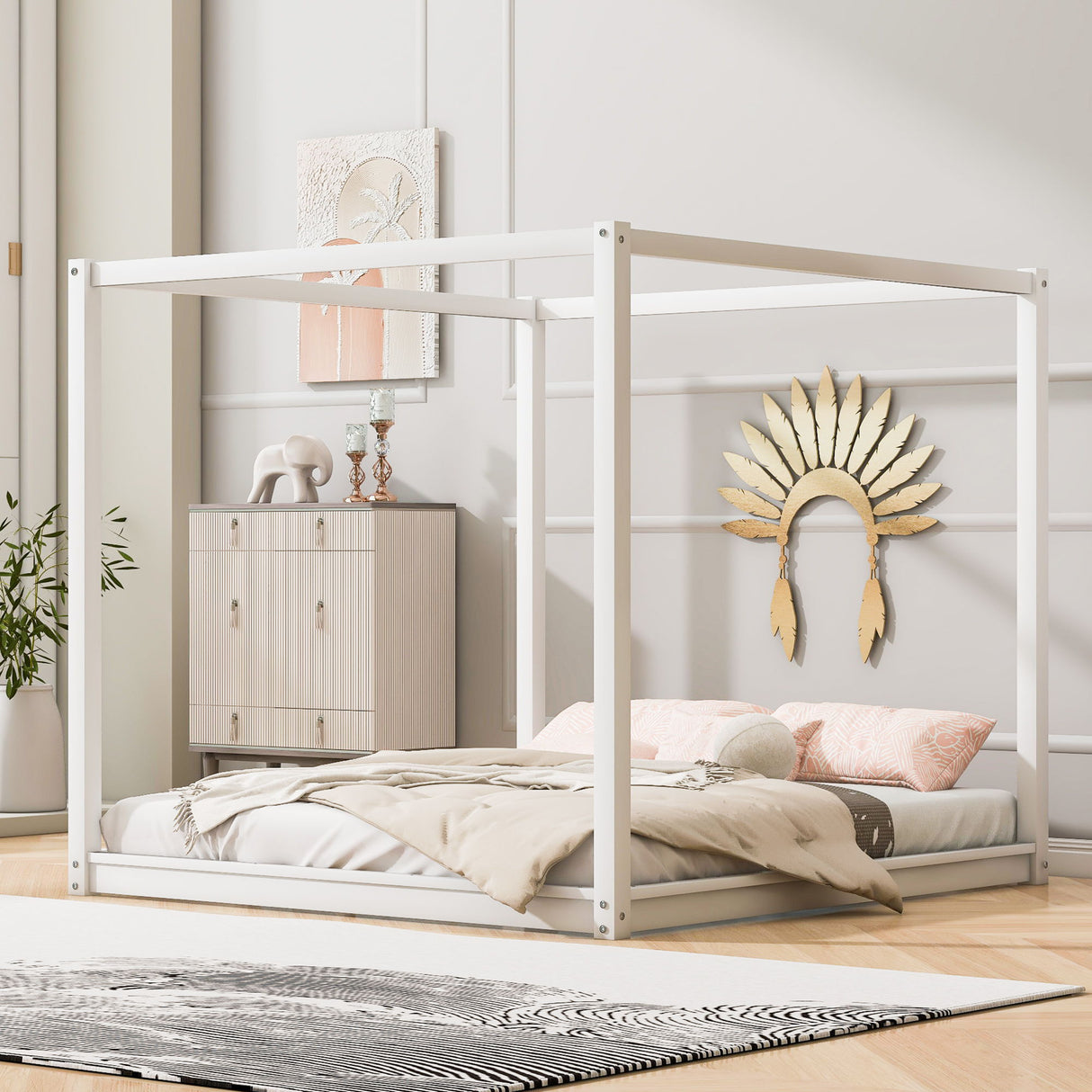 Wood Canopy Platform Bed With Support Legs And Airflow Slats