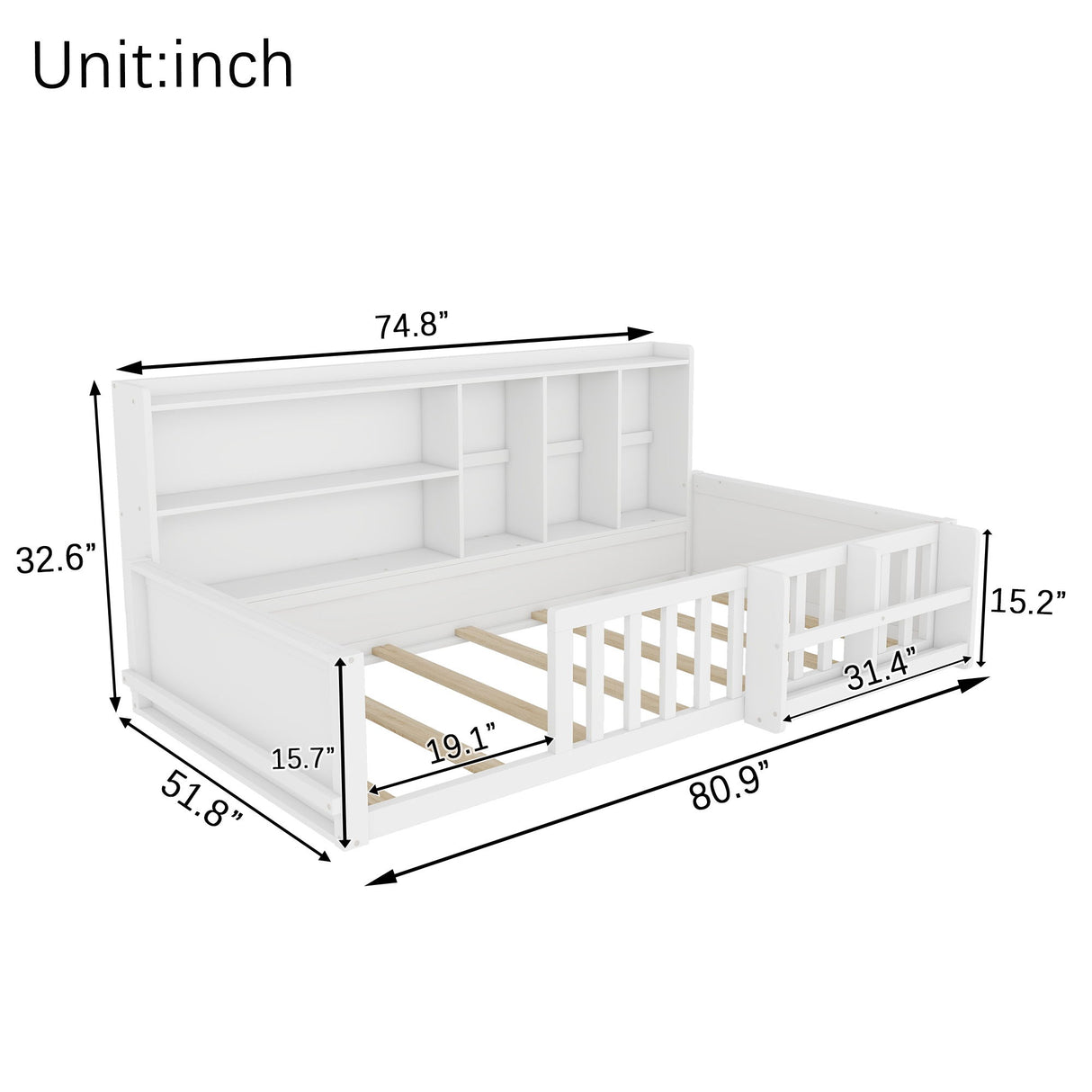 Platform Bed Frame With Guardrail, Storage Shelves & Bookshelf