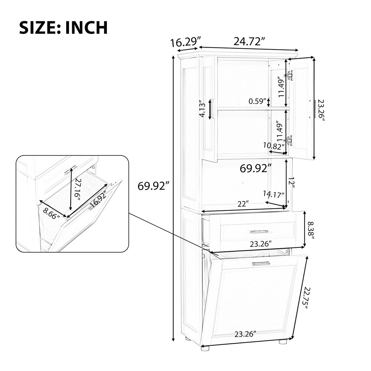 Tall Bathroom Cabinet With Tilt-Out Laundry Basket And Upper Storage