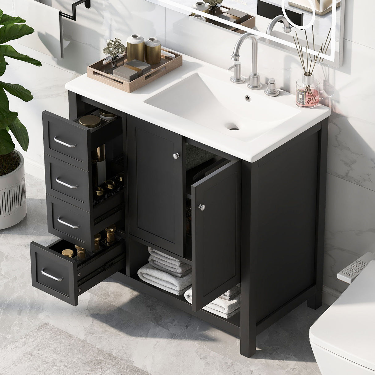 Bathroom Vanity With Sink Top, Bathroom Vanity Cabinet With 2 Doors And 2 Drawers, Open Shelf