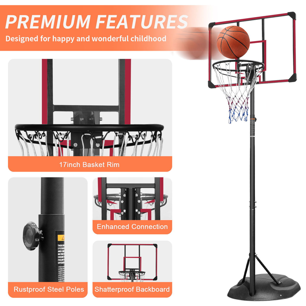 Portable Basketball Hoop System Stand, Height Adjustable For Indoor / Outdoor - Red