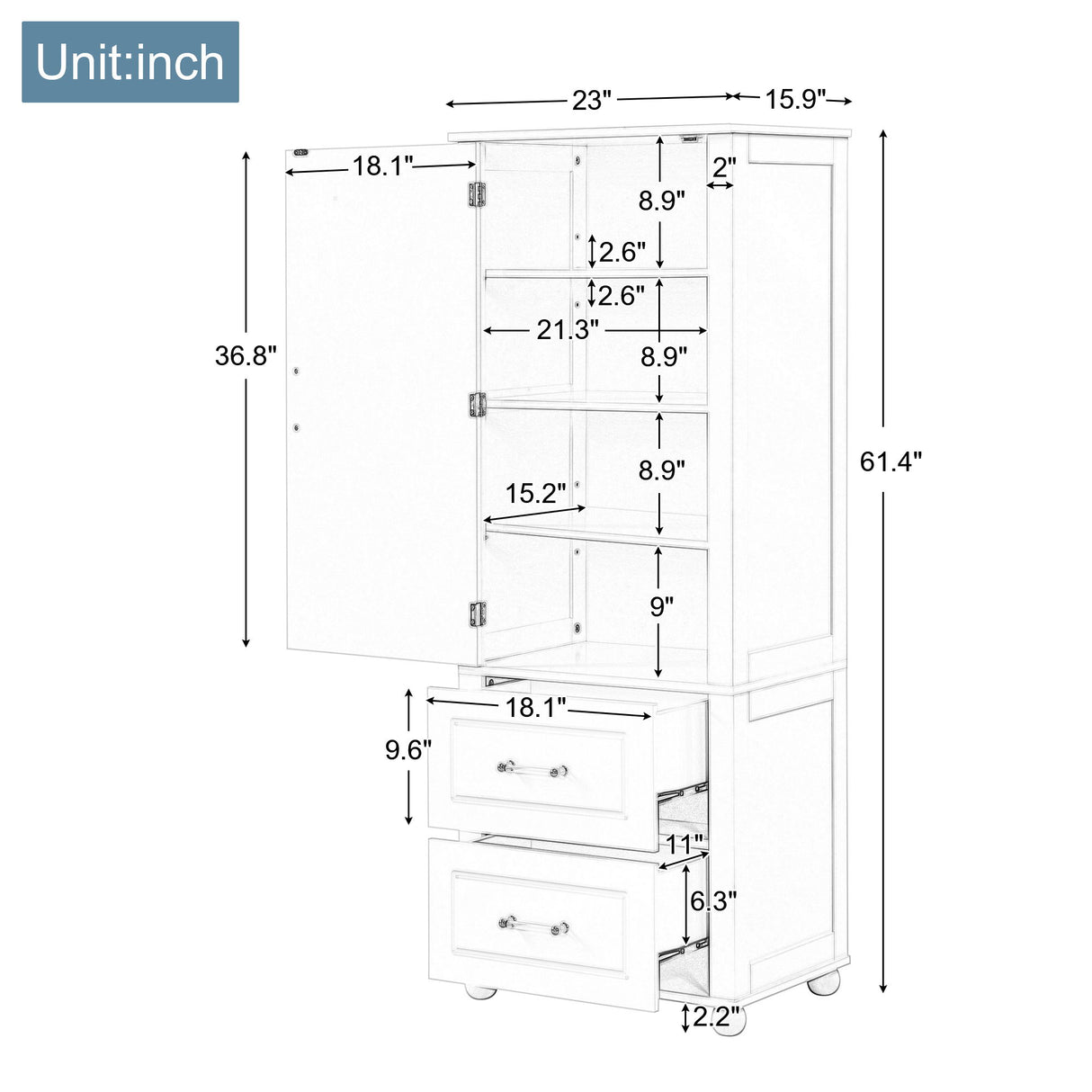 Tall Freestanding Bathroom Storage Cabinet With 2 Drawers And Adjustable Shelf