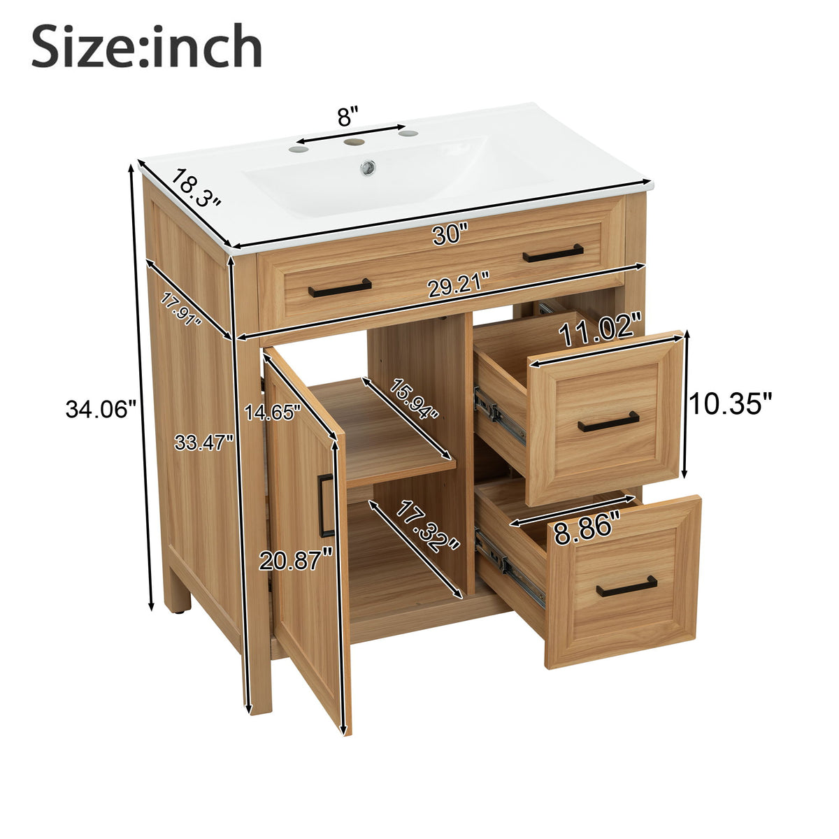 Bathroom Vanity With Sink, 2 Soft Close Drawers, 1 Soft Close Door, Adjustable Shelf