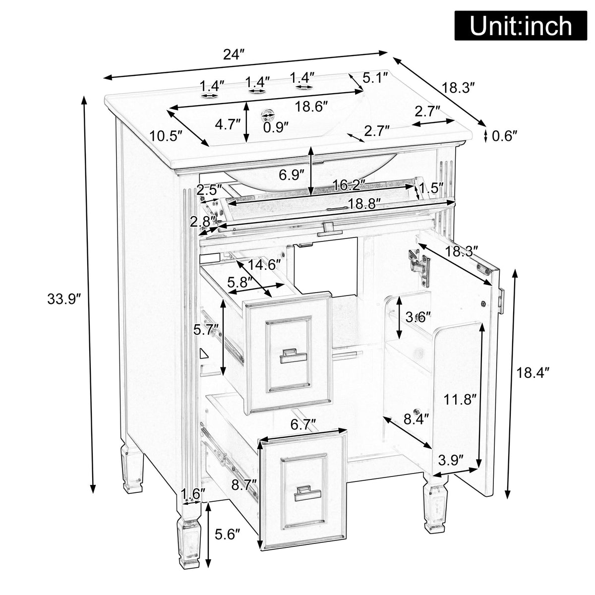 Bathroom Vanity With Sink, Flip Drawer, 2 Drawers, Adjustable Shelf, Freestanding - Green
