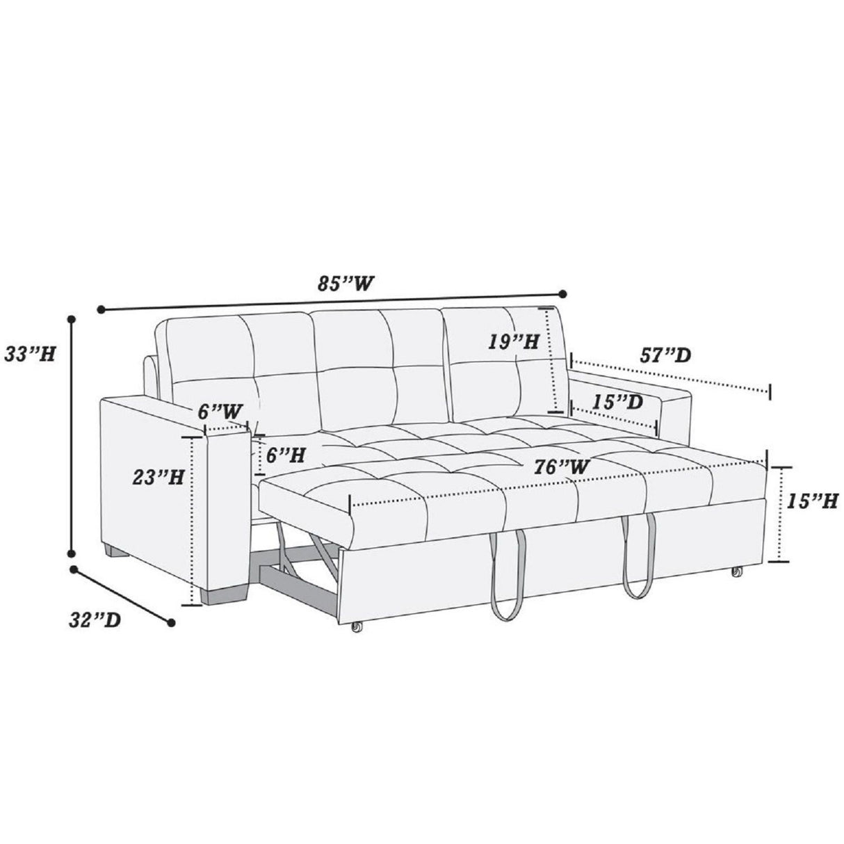 Sectional Sofa Pull Out Bed Upholstered Tufted Convertible Couch - Black