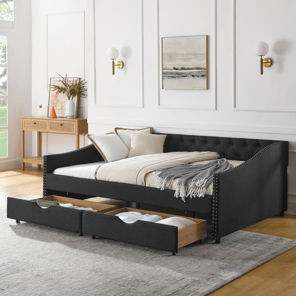 Upholstered Tufted Daybed With 2 Drawers, Waved Arms