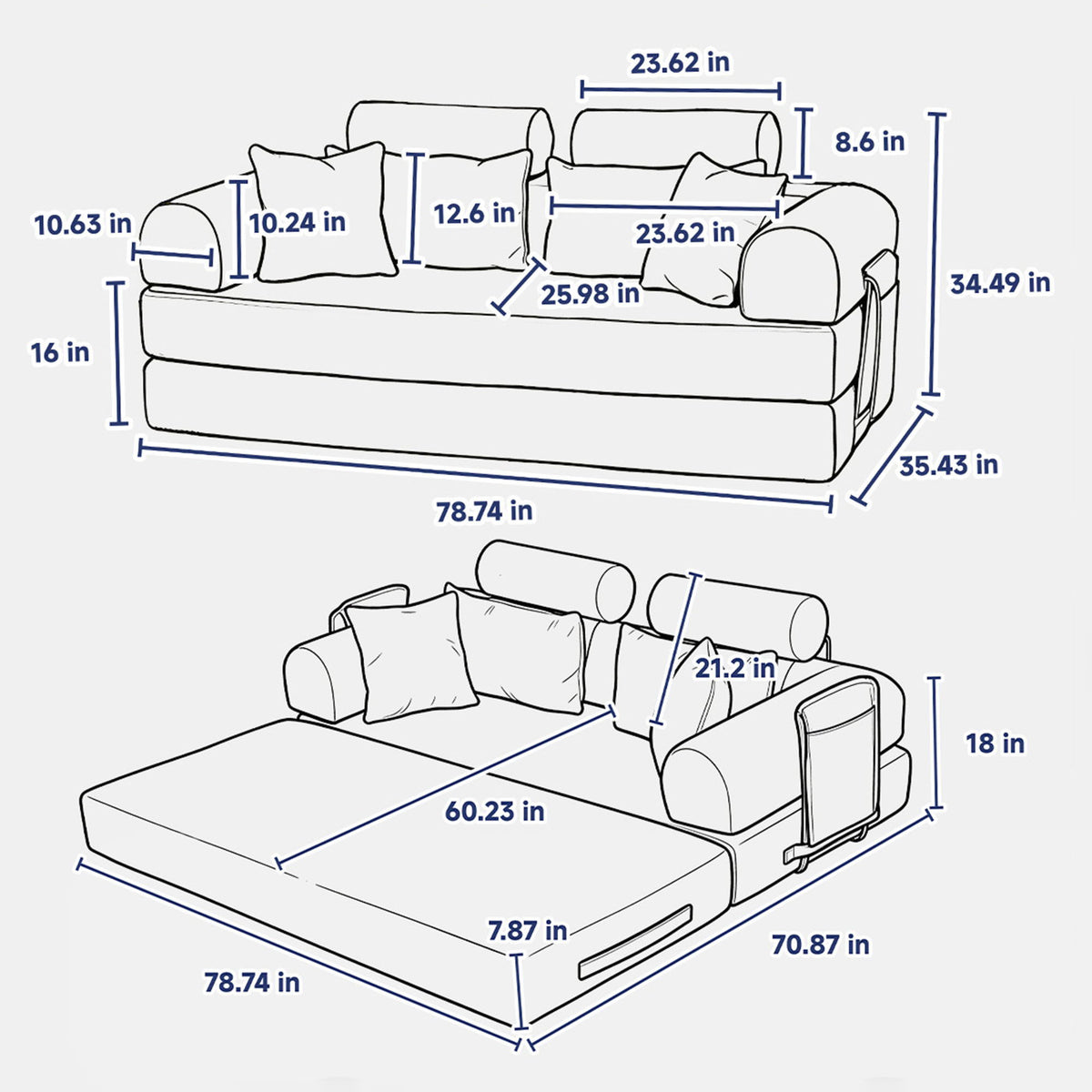 Convertible Sleeper Sofa Bed, Foldable Multi Functional Couch For Living Room - White