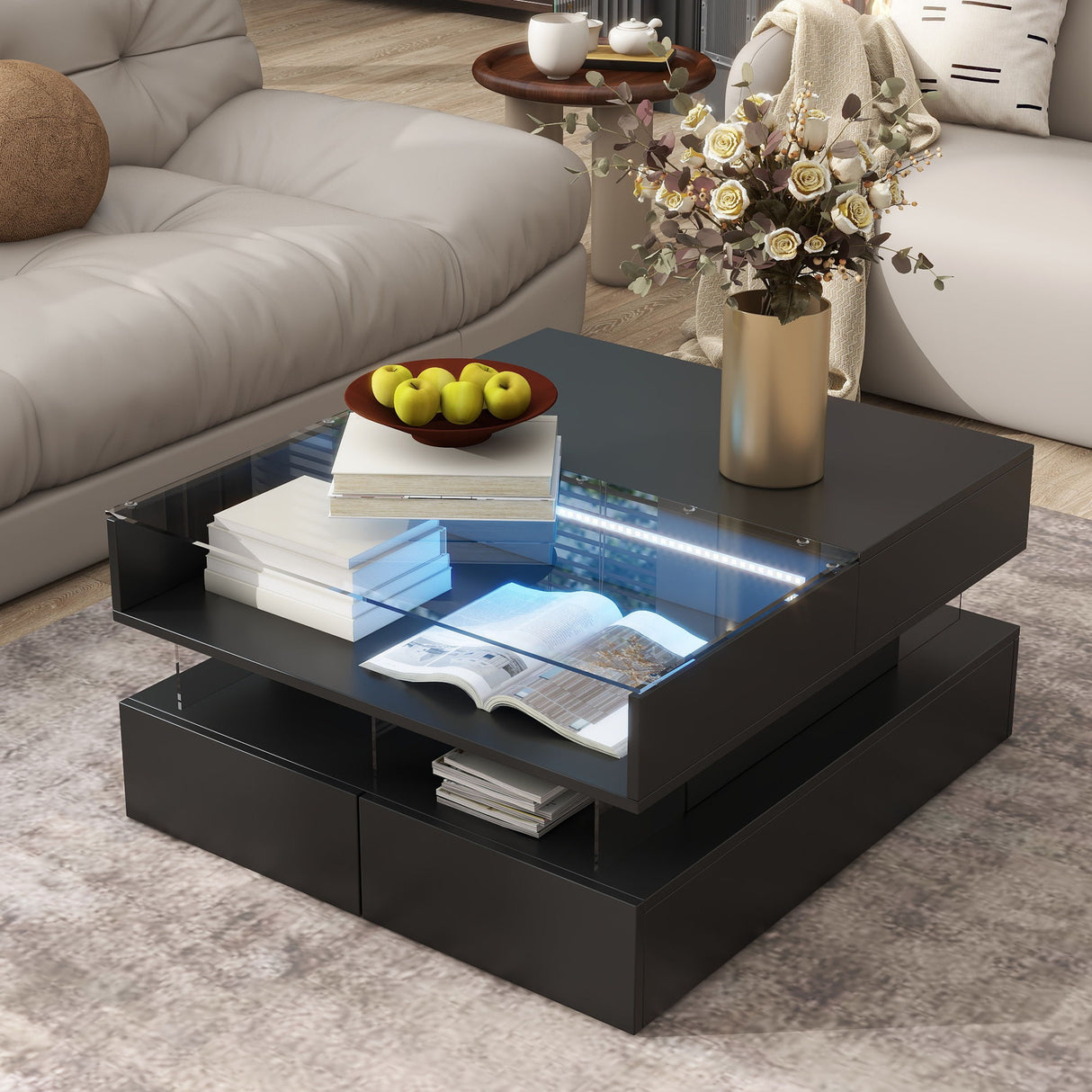 Lift Top Coffee Table With 2 Drawers, Hidden Space And LED Lights For Living Room