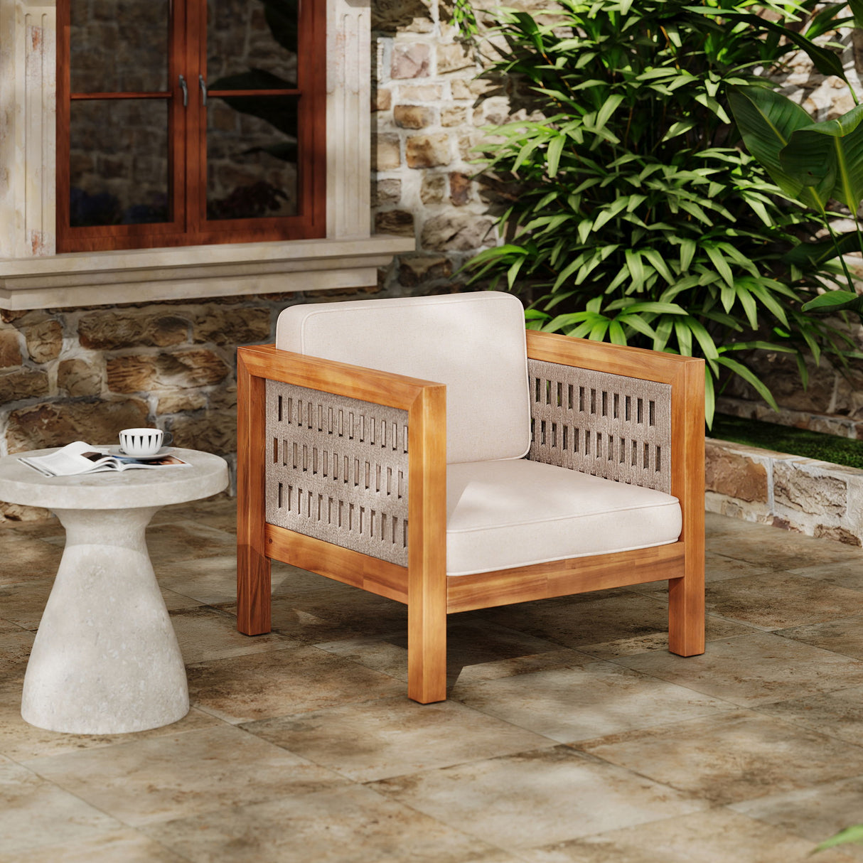 Outdoor Club Chair & Rope Arm And Cushions