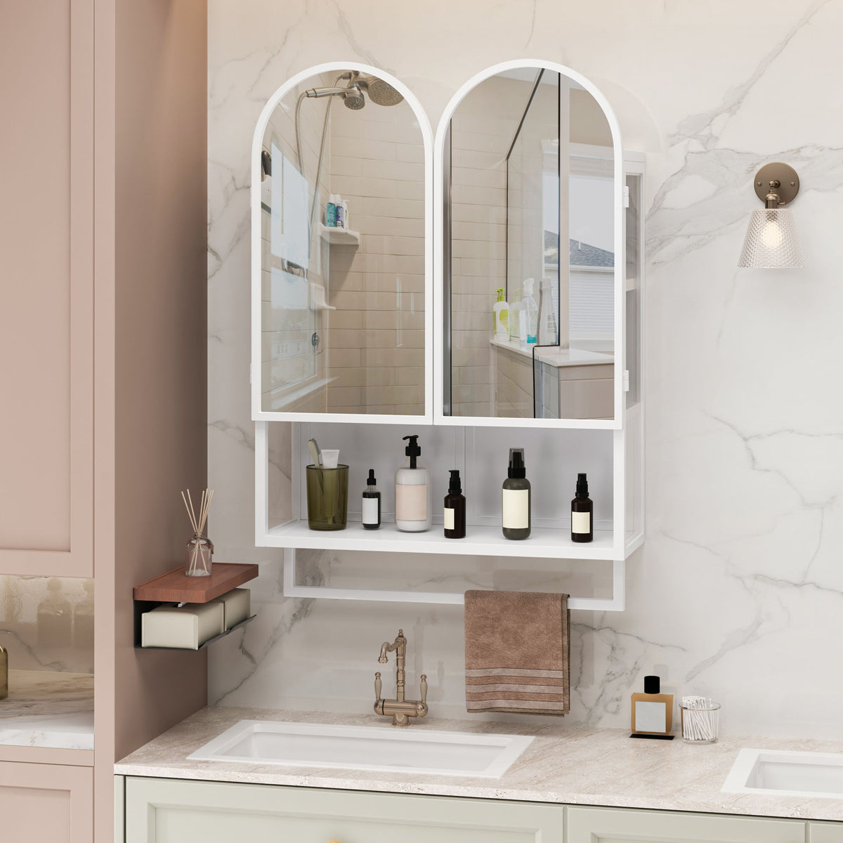 Double Arched Mirror Wall Cabinet With 2 Doors, Featuring Adjustable Shelves And Towel Rack
