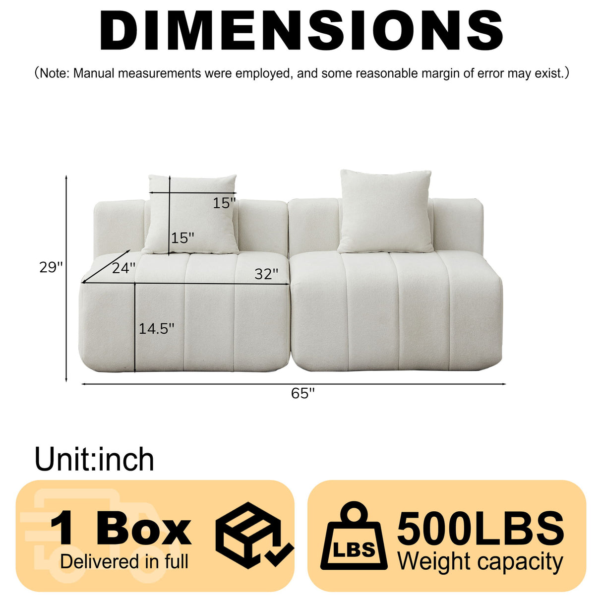 Modular Sectional Sofa With 2 Pillows, Symmetrical Design