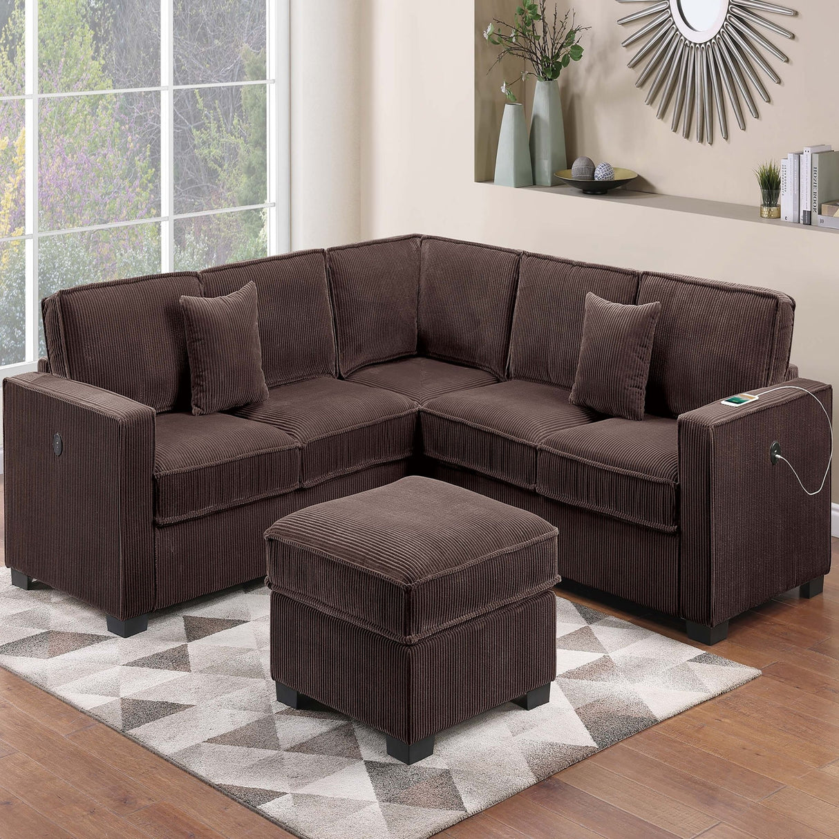 4 Piece Sectional Set With USB Ports, Left Arm Facing / Right Arm Facing Loveseat, Corner Wedge, Cocktail Ottoman, 2 Pillows - Chocolate