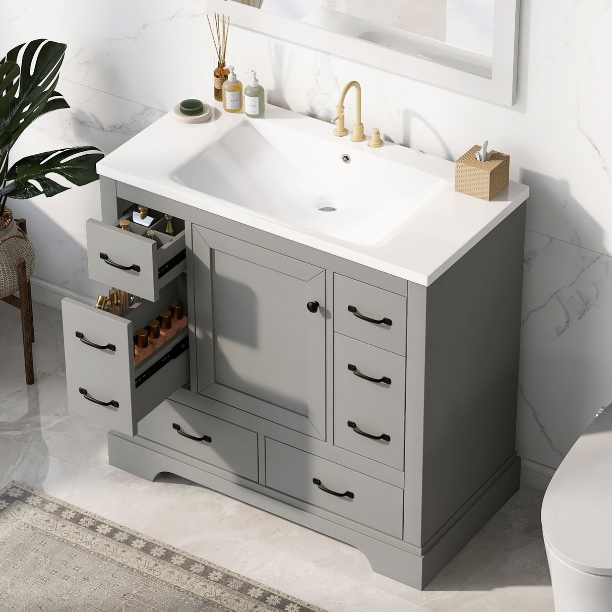 Modern Bathroom Vanity With Sink, 6 Drawers, Adjustable Shelf