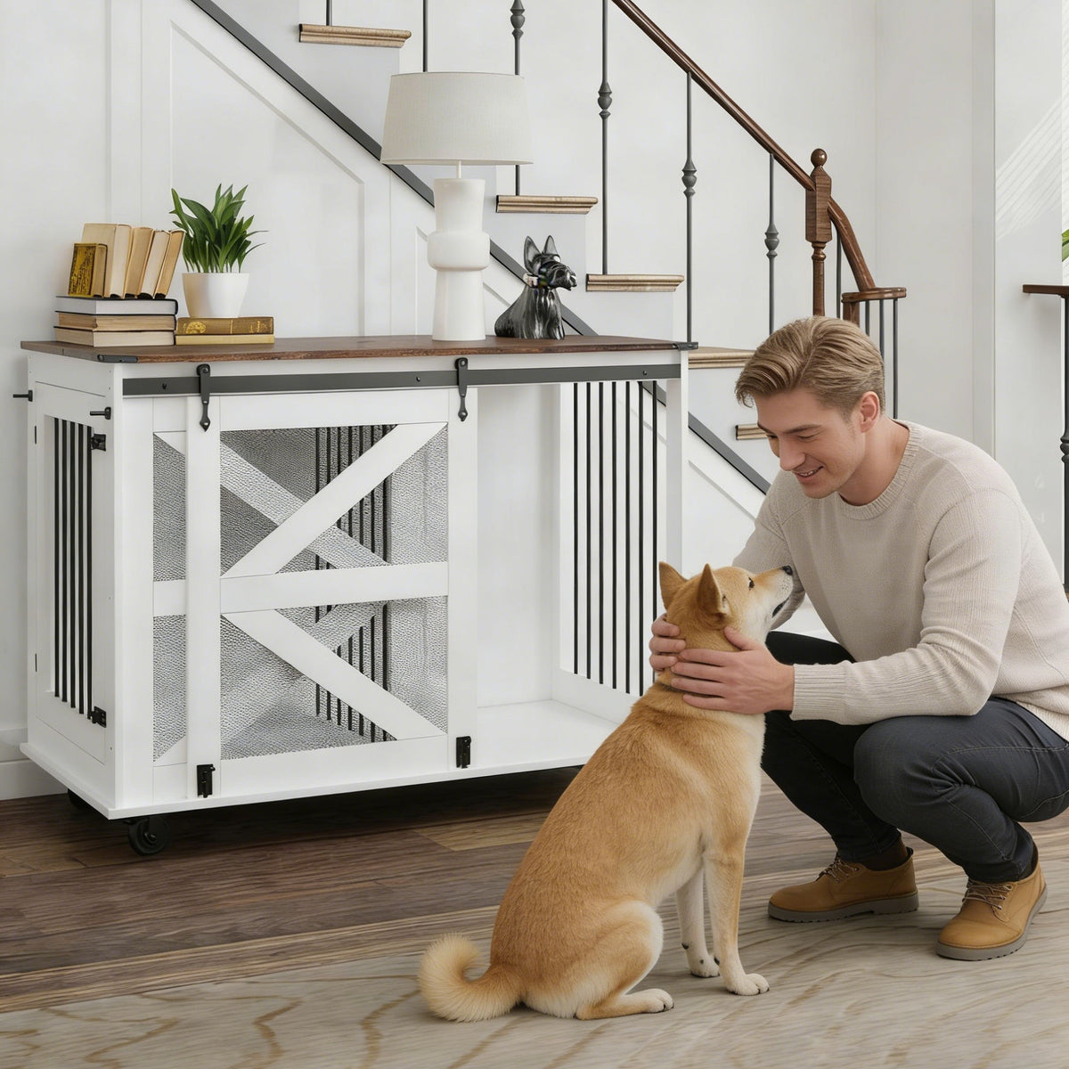 Mobile Dog Crate With Flip Top Feeding Door, Dual Access & 5 Caster System (2 Locking) - Brown White